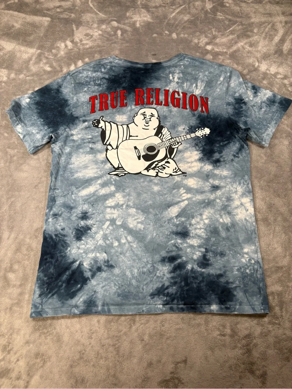 True Religion Men’s Blue & White Tie-Dye Logo Tee with Red Emblem